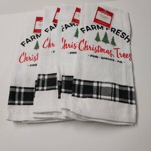HOLIDAY TIME WHITE BLACK GREEN FARM TREES TOWELS FOR HOLIDAYS SZ: 15”x 24” NWT